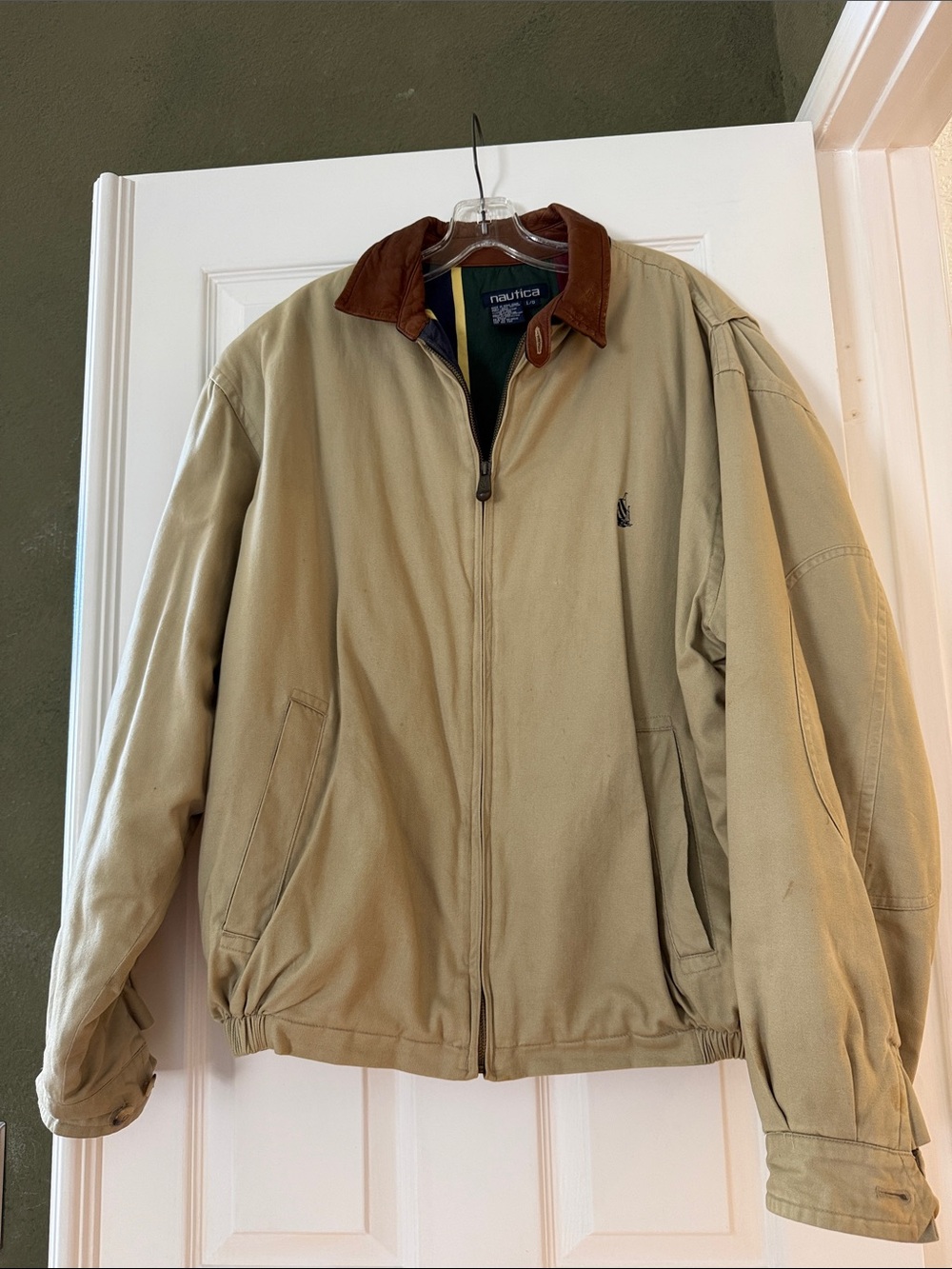 Nautica Men's Tan Cotton Jacket with Brown Leather Collar